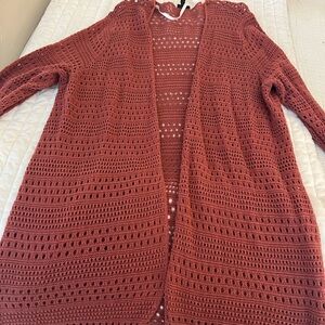 Torrid Brick Red Pointelle Long Open Front Cardigan